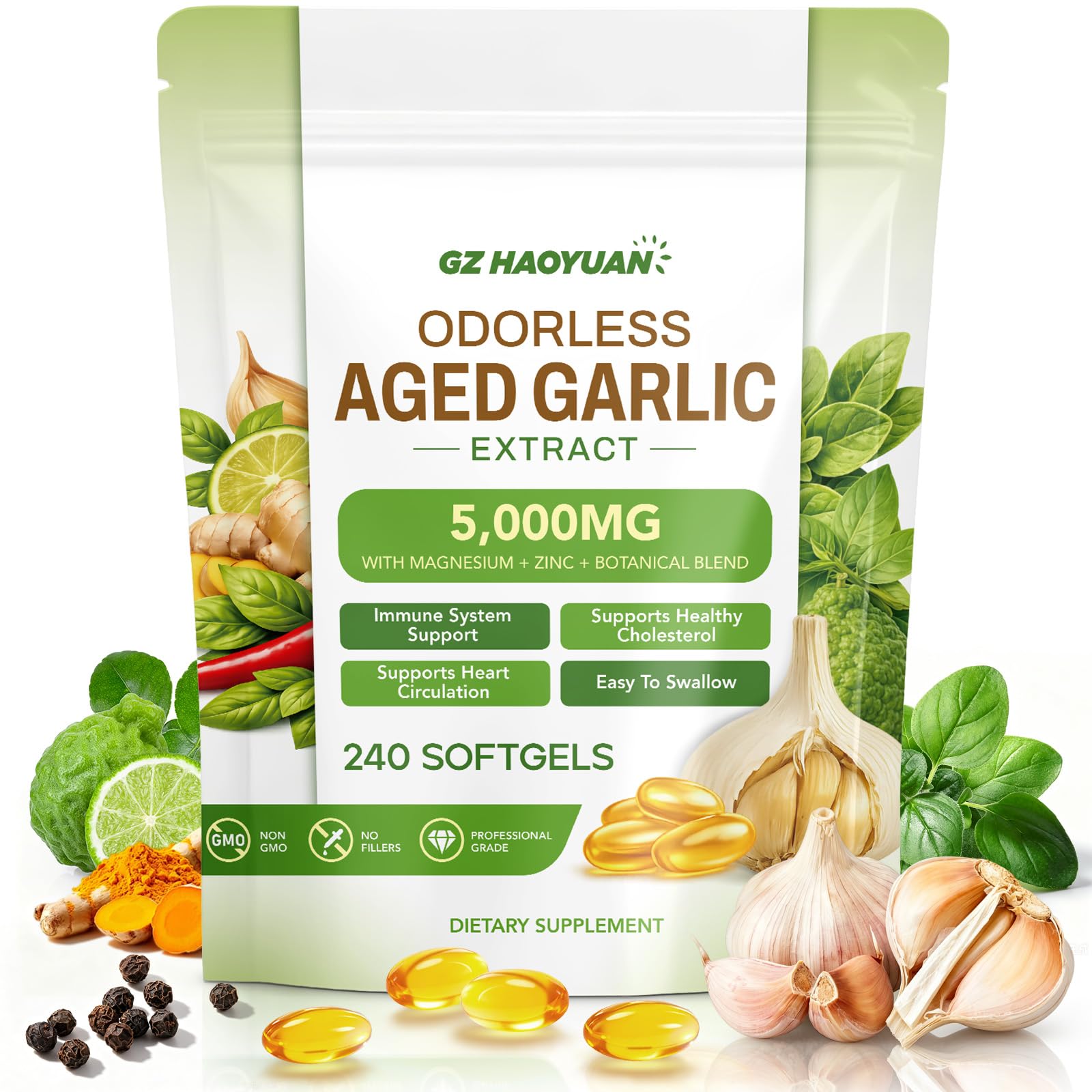 GZ HAOYUAN Odorless Aged Garlic Extract Softgels, 240 Count