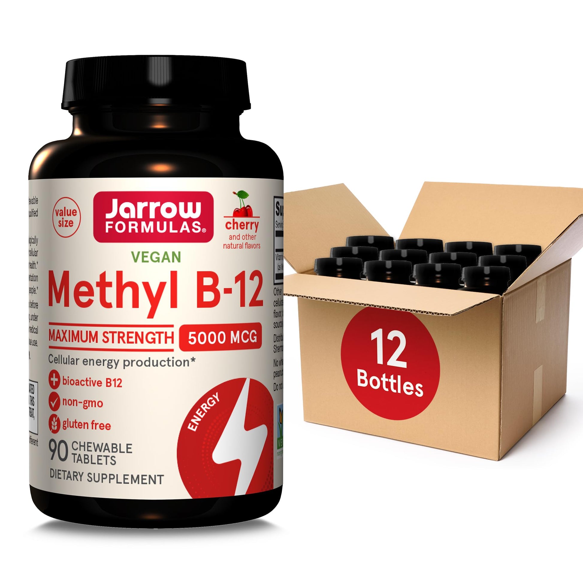 Jarrow Formulas Maximum Strength Methyl B-12 5000 mcg Dietary Supplement Cherry Chewable Tablets 1080 Count