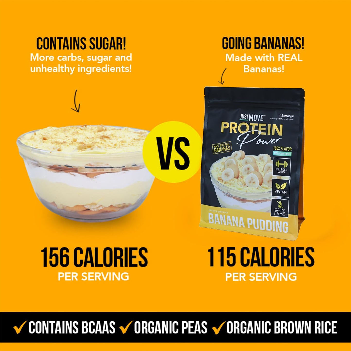Just Move Banana Pudding Plant-Based Protein Powder, Vegan, Organic, Dairy Free, Soy Free, Gluten Free, Keto, Peanut Free, 20g Protein, Low Carb, Non-GMO, 16.5 oz