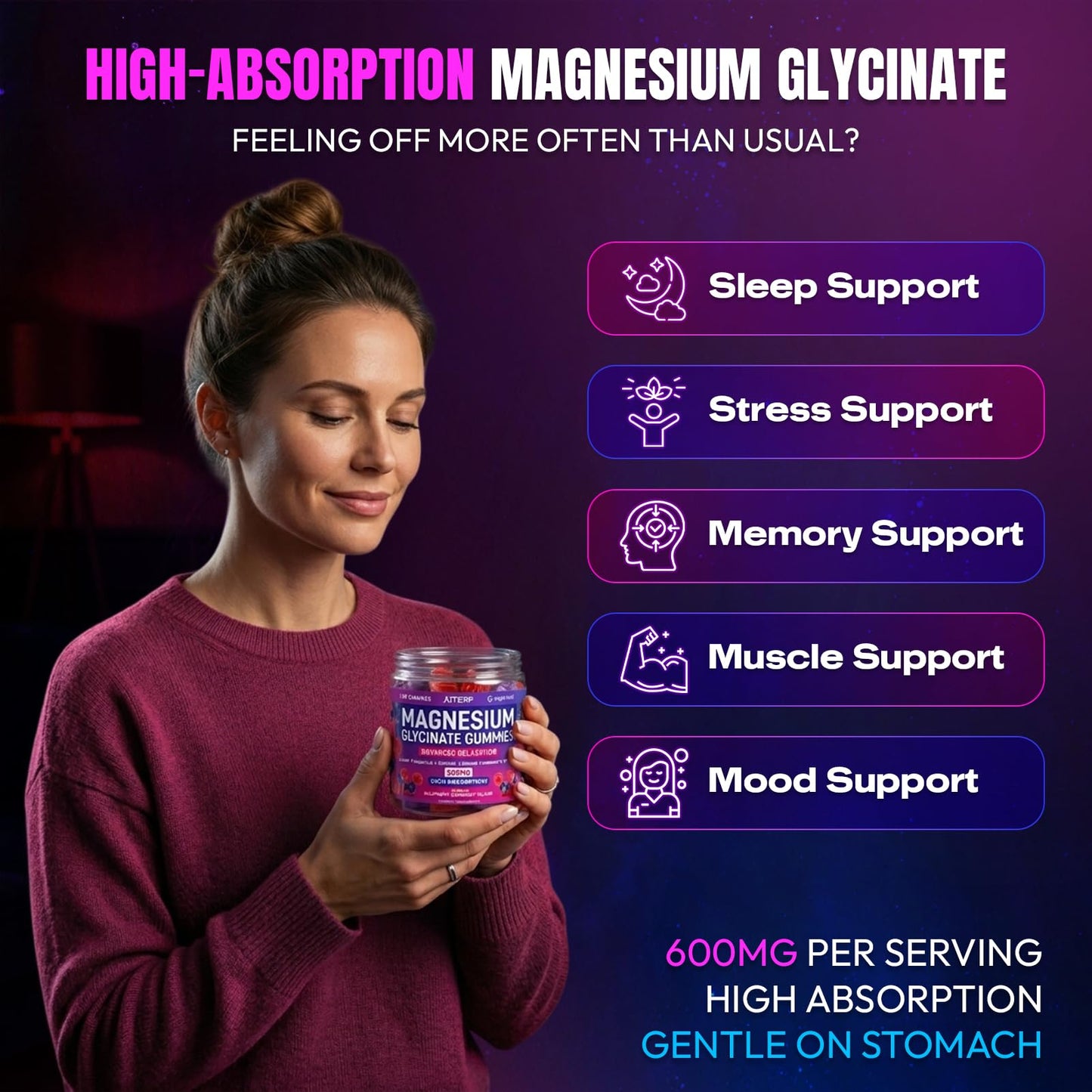 Atterf Magnesium Glycinate Gummies 600mg, 120 Gummies