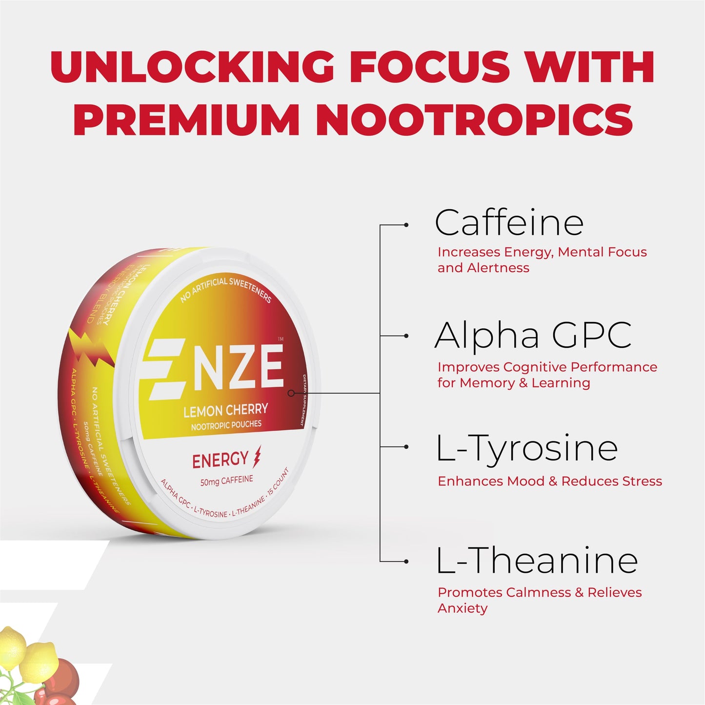 NZE Caffeine Nootropic Caplets Lemon Cherry, 5 Pack