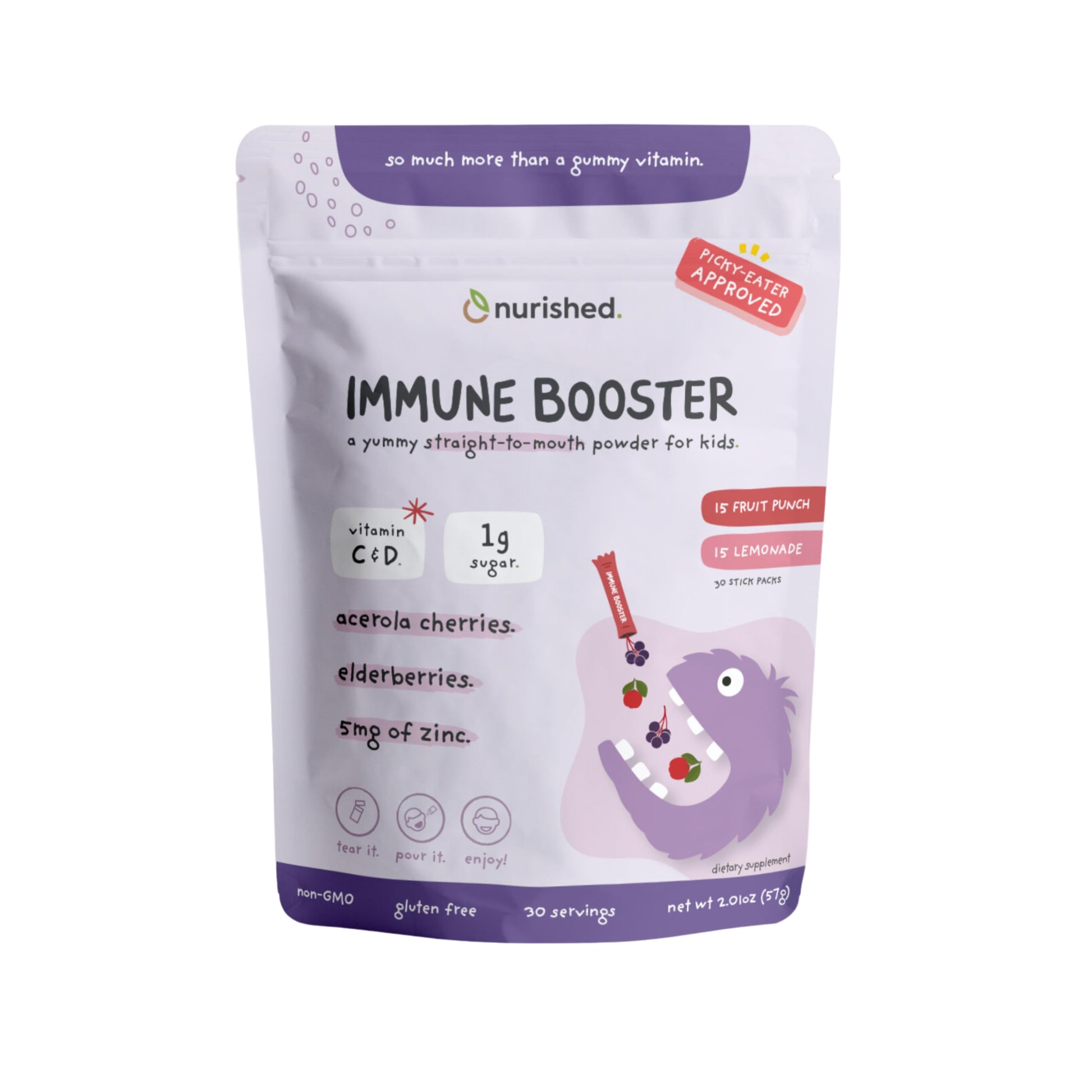 Nurished Kids Immune Booster with Elderberry, Acerola Cherry, Zinc, Vitamins C & D Powder 2.01 Ounce