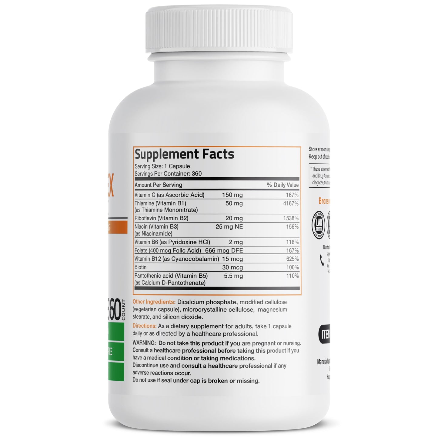 Bronson Vitamin B Complex with Vitamin C Vegetarian Capsules, 360 Capsules