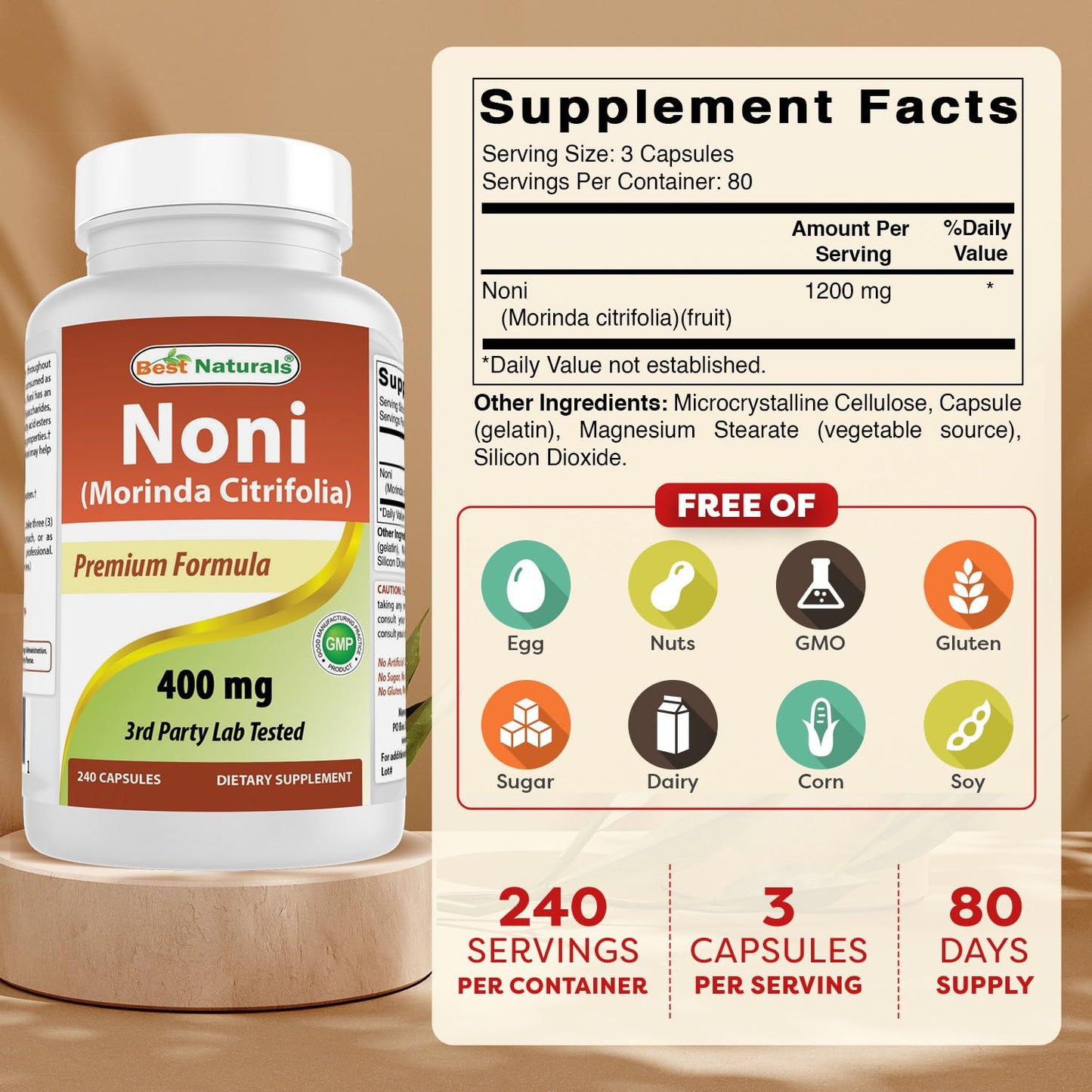 Best Naturals Noni 400 mg Capsule, 240 Count