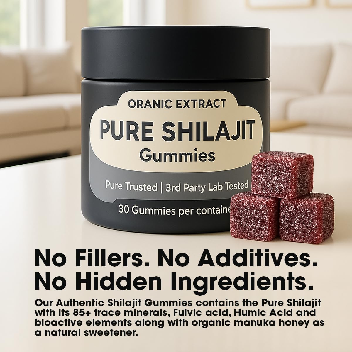 ORANIC EXTRACT Shilajit Gummies – Himalayan Source 9000mg, Energy & Immune Support for Men & Women, Fulvic Acid + 85 Trace Minerals, Manuka Honey Flavor, Organic, Non-GMO, 30 Gummies