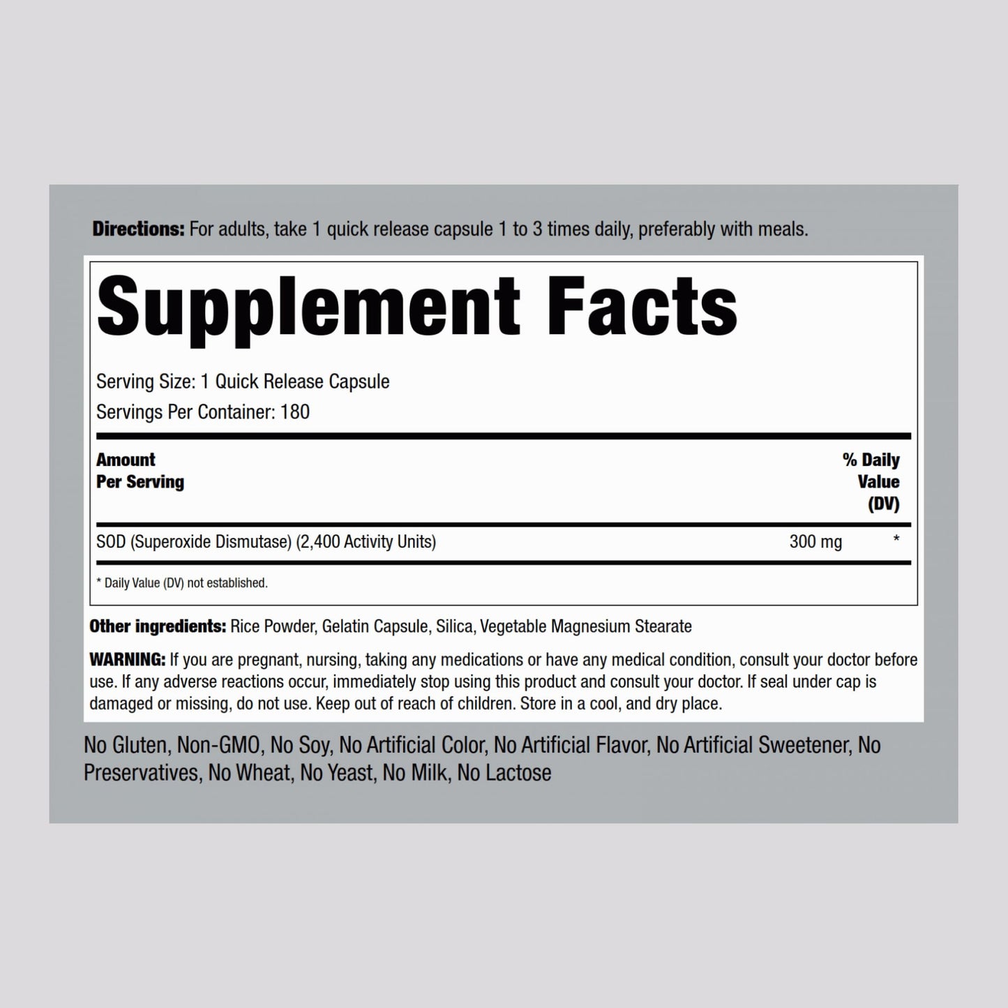 Piping Rock Superoxide Dismutase Supplement Capsule, 180 Count