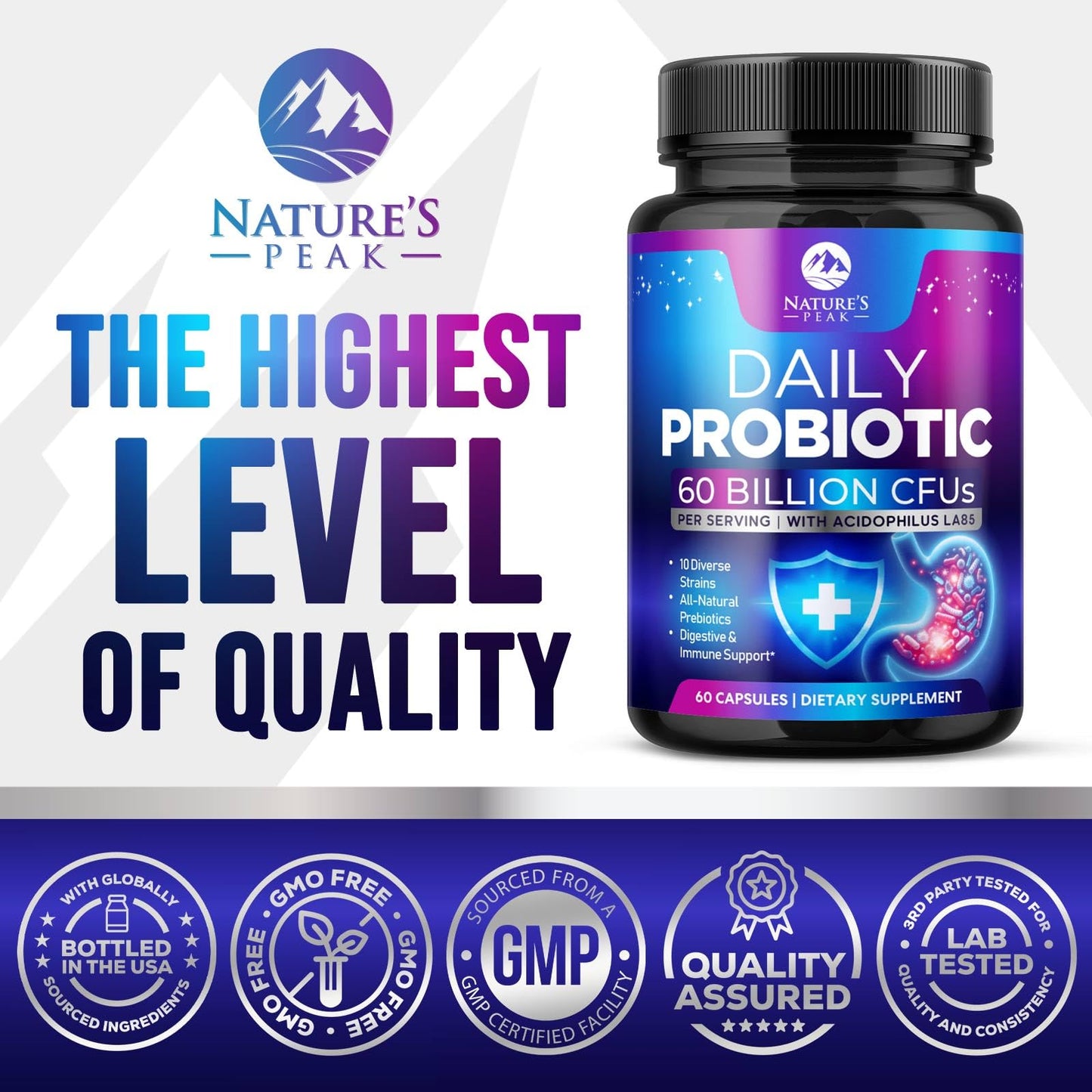 Nature's Peak Probiotics 50 Billion CFU Per Serving - 10 Premium Strains + Digestive Enzymes & Prebiotics, 60 Capsules