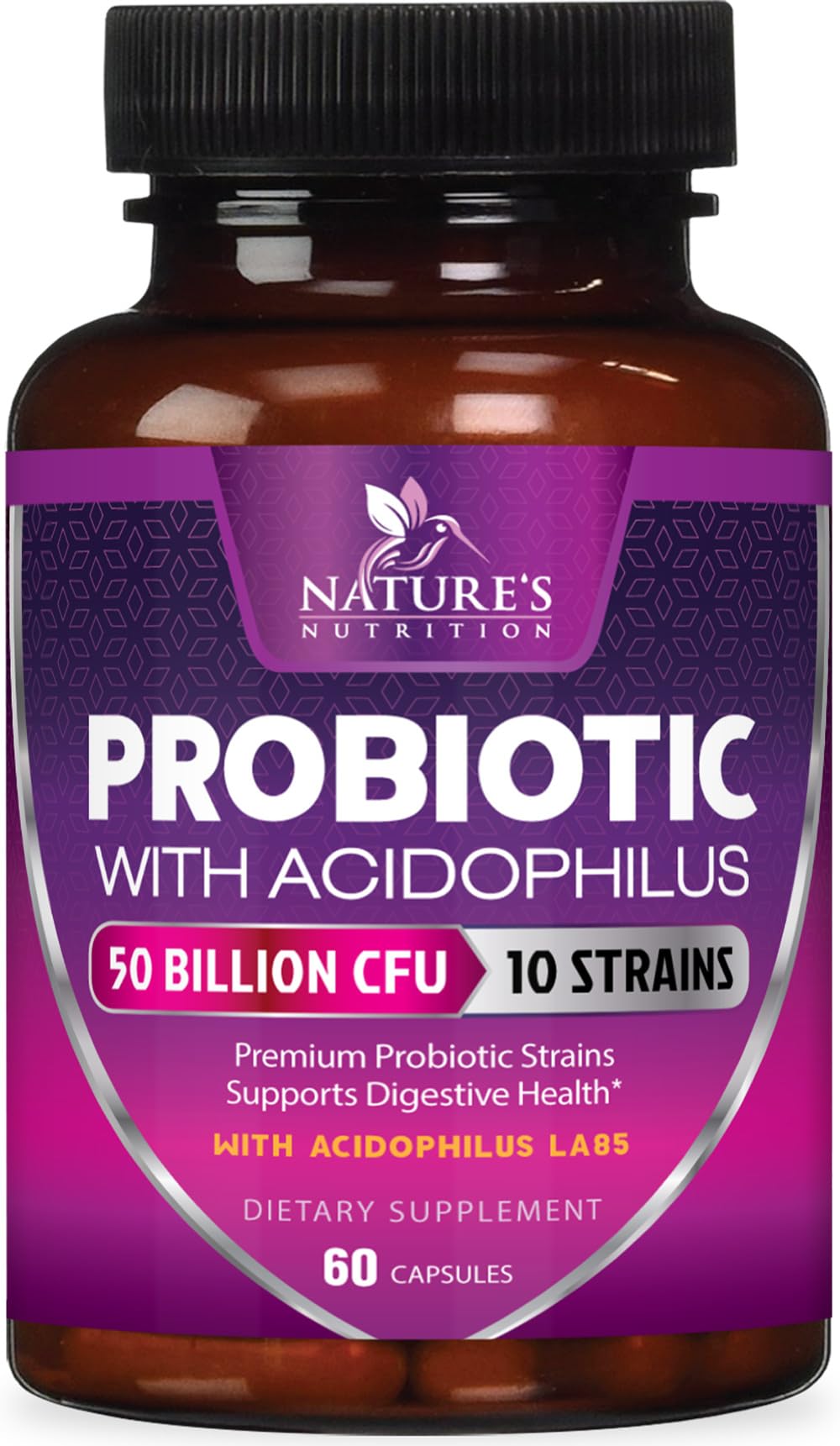 Nature's Nutrition Probiotics 50 Billion CFU per Capsule, 10 Strains & Prebiotics, Digestive Gut Health, 60 Capsules