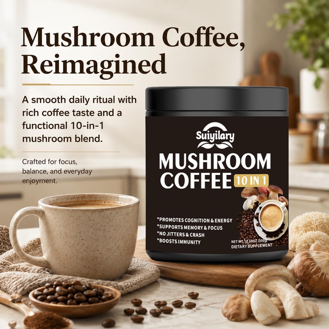 Suiyilary Mushroom Coffee 10 Mushroom Extract Powder Blend Lion's Mane, Reishi, Chaga, Cordyceps, Turkey Tail, Brain Support with Instant Coffee, Powder, 10.6 oz
