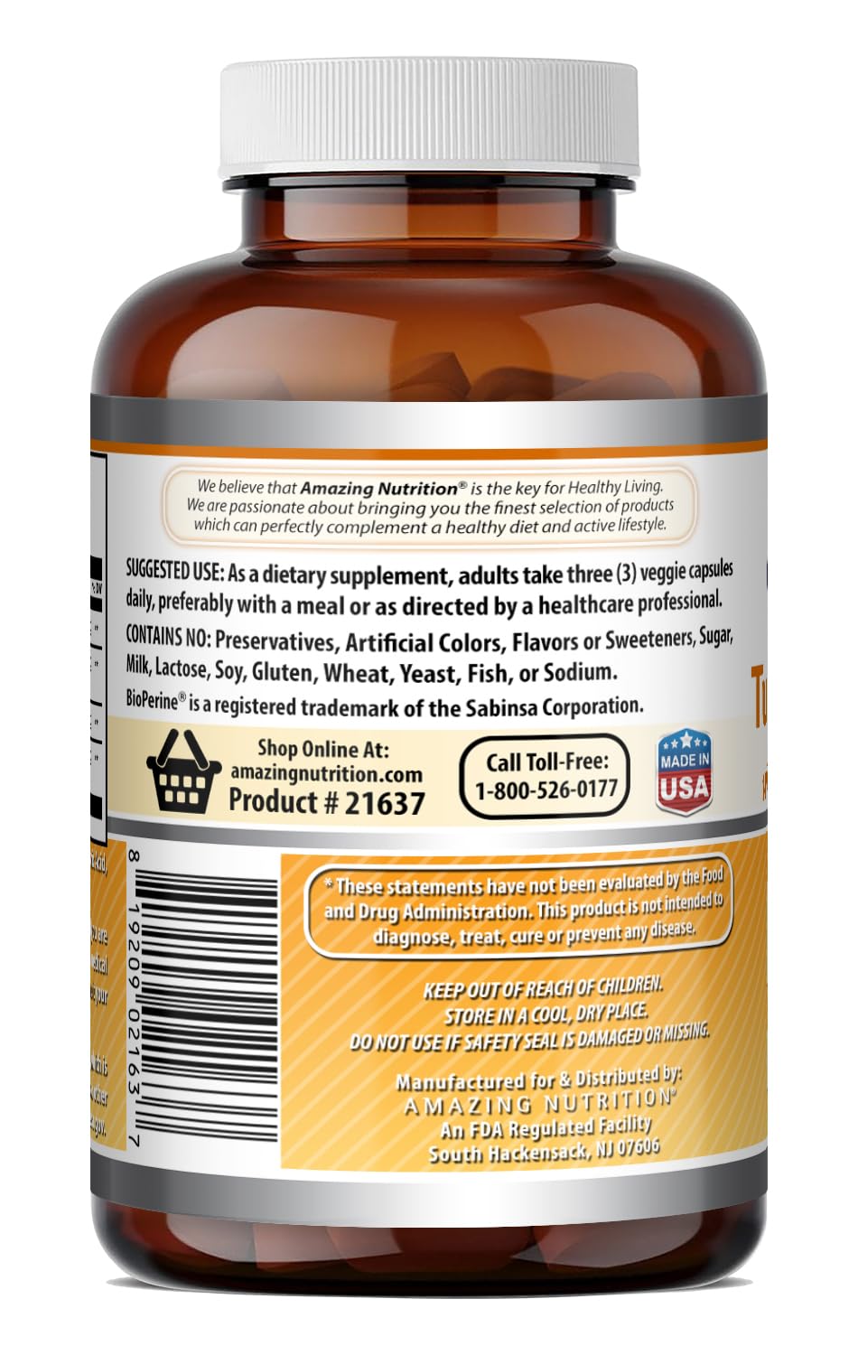 Amazing Nutrition Turmeric Curcumin & Ginger with BioPerine Supplement Veggie Capsules 180 Count