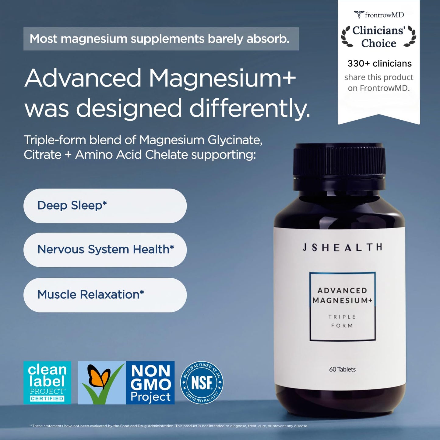 JSHealth Magnesium Supplement for Sleep 400mg Triple-Form Glycinate, Citrate, Amino Acid Chelate Tablets, 60 Tablets
