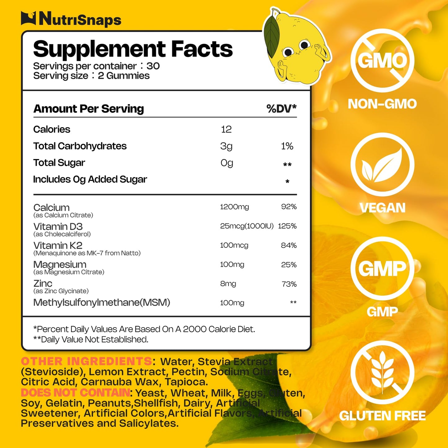 Nutrisnaps Calcium Citrate Gummies 1200mg with Vitamin D3 K2, Magnesium, Zinc, MSM for Men & Women, Ultimate Absorption Calcium Supplement, Vegan, 60 Count