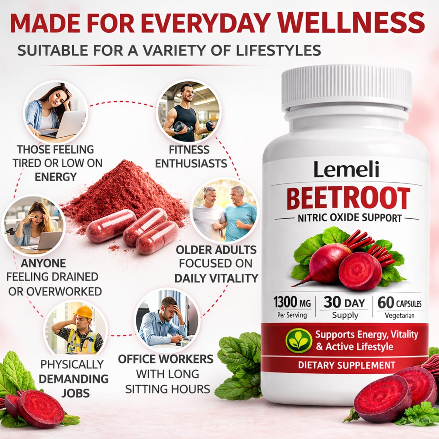 Lemeli Beetroot Capsules 1300mg Per Serving, Plant-Based Beet Root Extract Supplement, Antioxidant-Rich Superfood Formula, Daily Energy & Active Lifestyle Support, 60 Capsules