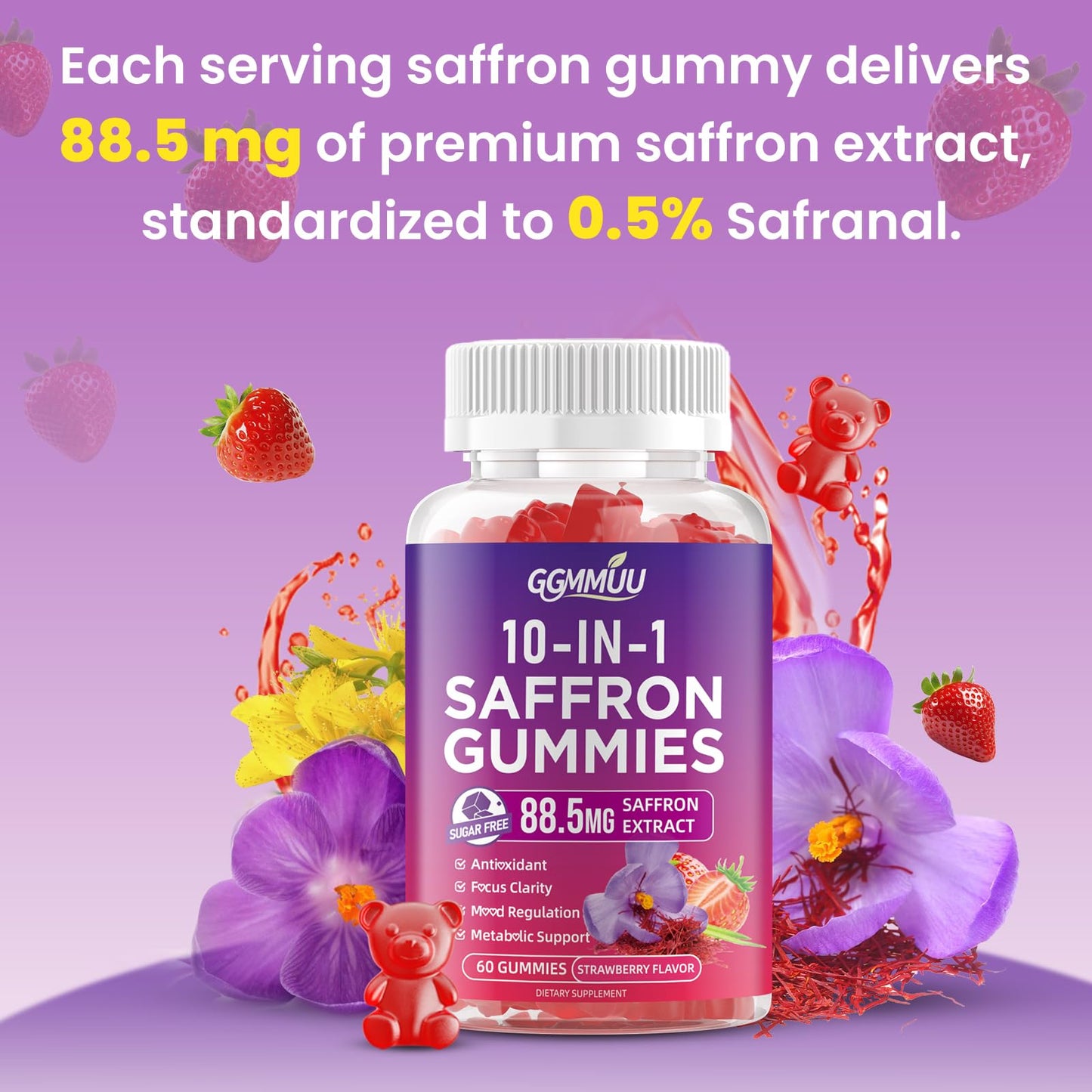 GGMMUU Saffron Gummies for Adults & Kids, Strawberry Flavor, 120 Count