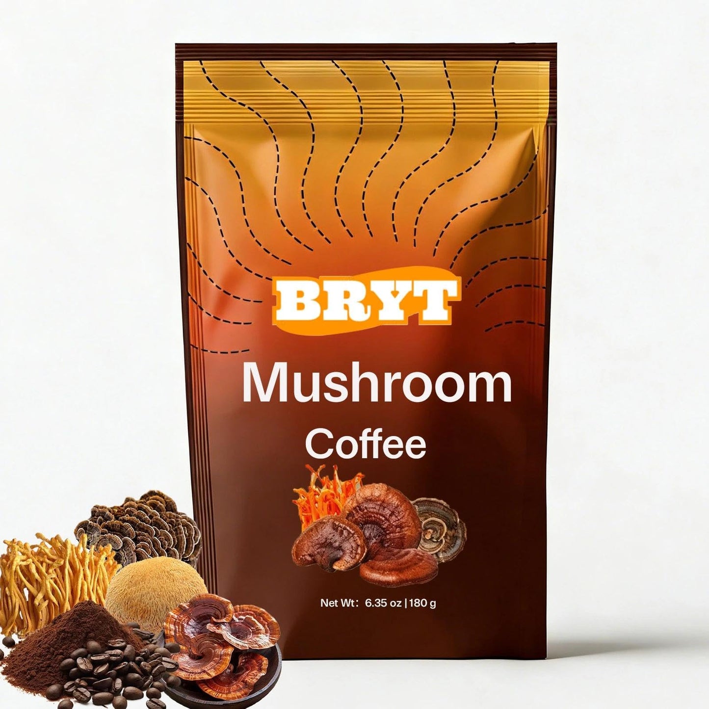 Curvani Bryt Mushroom Coffee with 6 Adaptogenic Mushrooms + Collagen – Steady Energy, Focus & Immunity Support, Powder, 6.35 oz