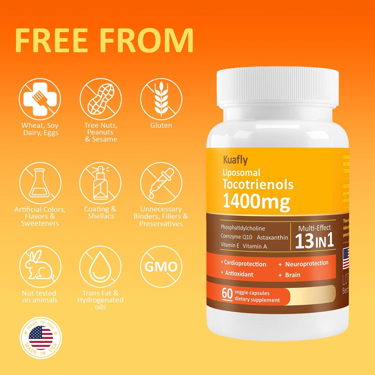 KUAFLY Liposomal Tocotrienols Vitamin E 1400mg - High Potency Vitamin E Tocotrienols with Phosphatidylcholine, Astaxanthin Powder 120