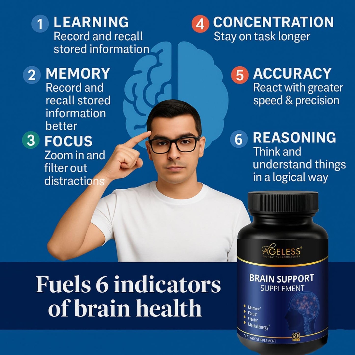 Ageless Foundation Laboratories Ageless Brain Supplement for Memory and Focus Capsule, 60 Capsules