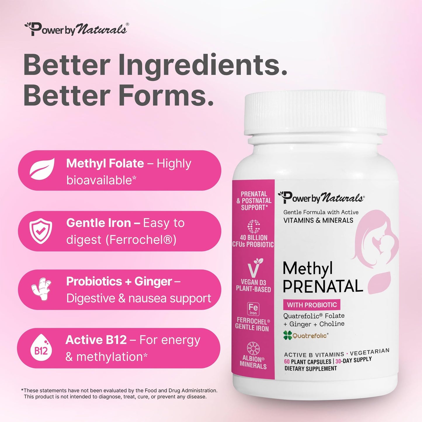 Power By Naturals Methyl Prenatal with Probiotics – Prenatal Vitamins for Women with Iron, Methyl Folate, B12 & 28 Nutrients & Botanicals – Vegan, Non-GMO, Gluten-Free 60 Capsules