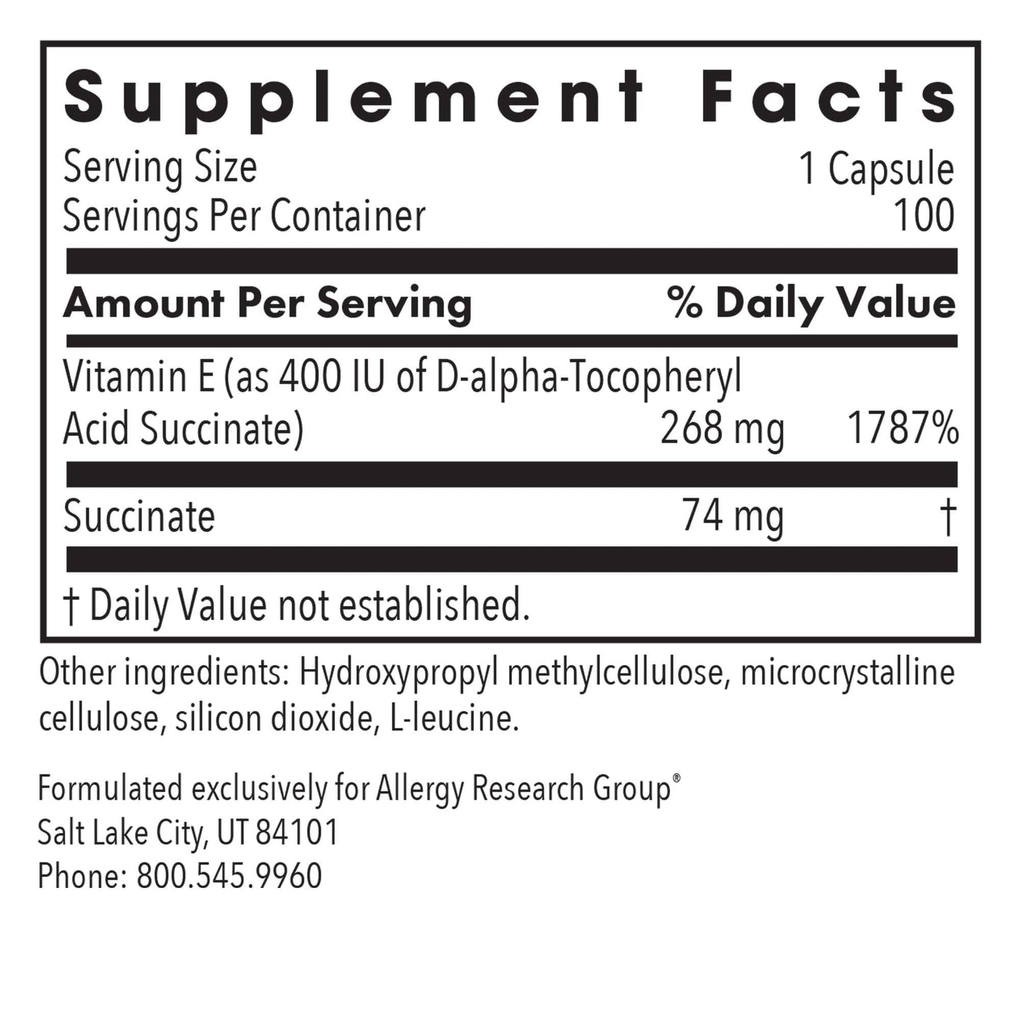 Allergy Research Group Vitamin E Succinate 400 IU d-Alpha-Tocopheryl Succinate, 100 Capsules