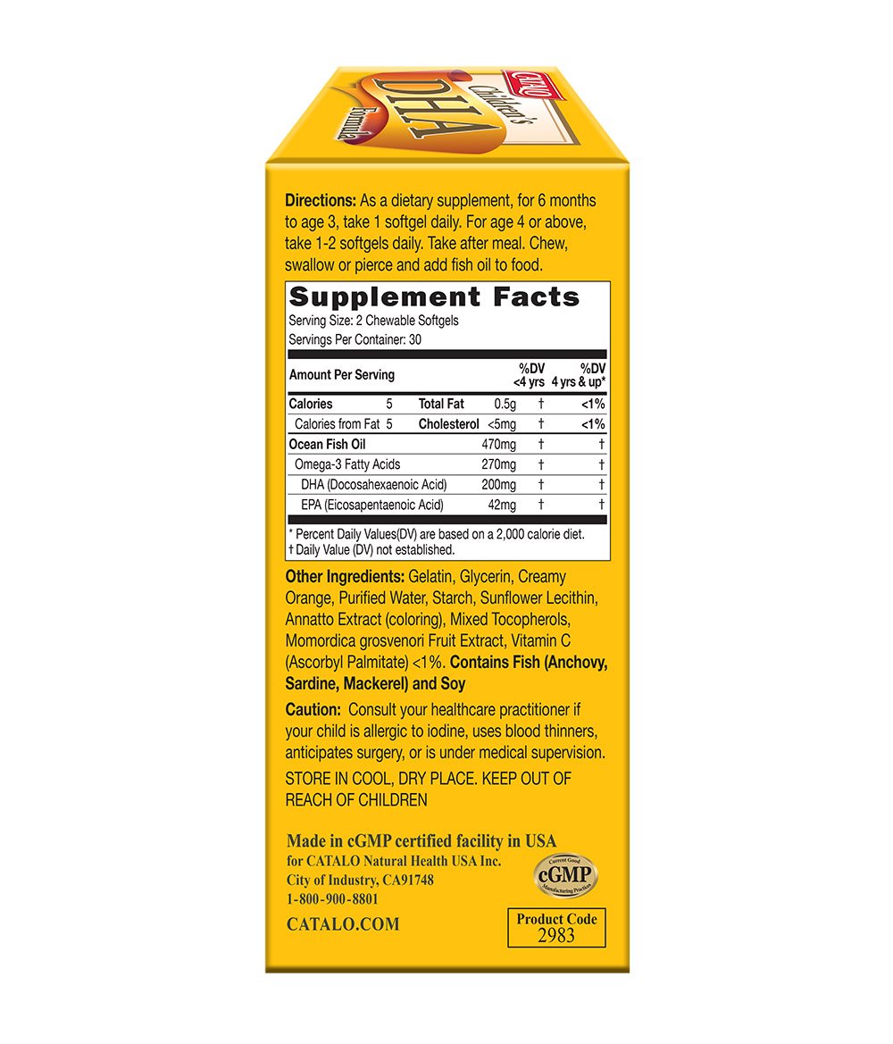 CATALO Children’s DHA Formula – Chewable Softgels with Fish Oil for Kids, 200mg DHA per Serving, Orange Flavor, 60 Softgels