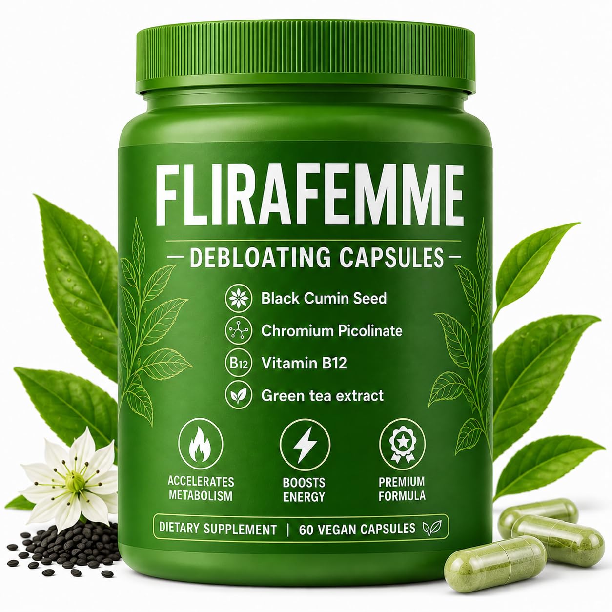 Voluglow Flira Femme Debloating Capsules with Green Tea Extract, Black Cumin Seed, Chromium & Vitamin B12 – 60 Capsules