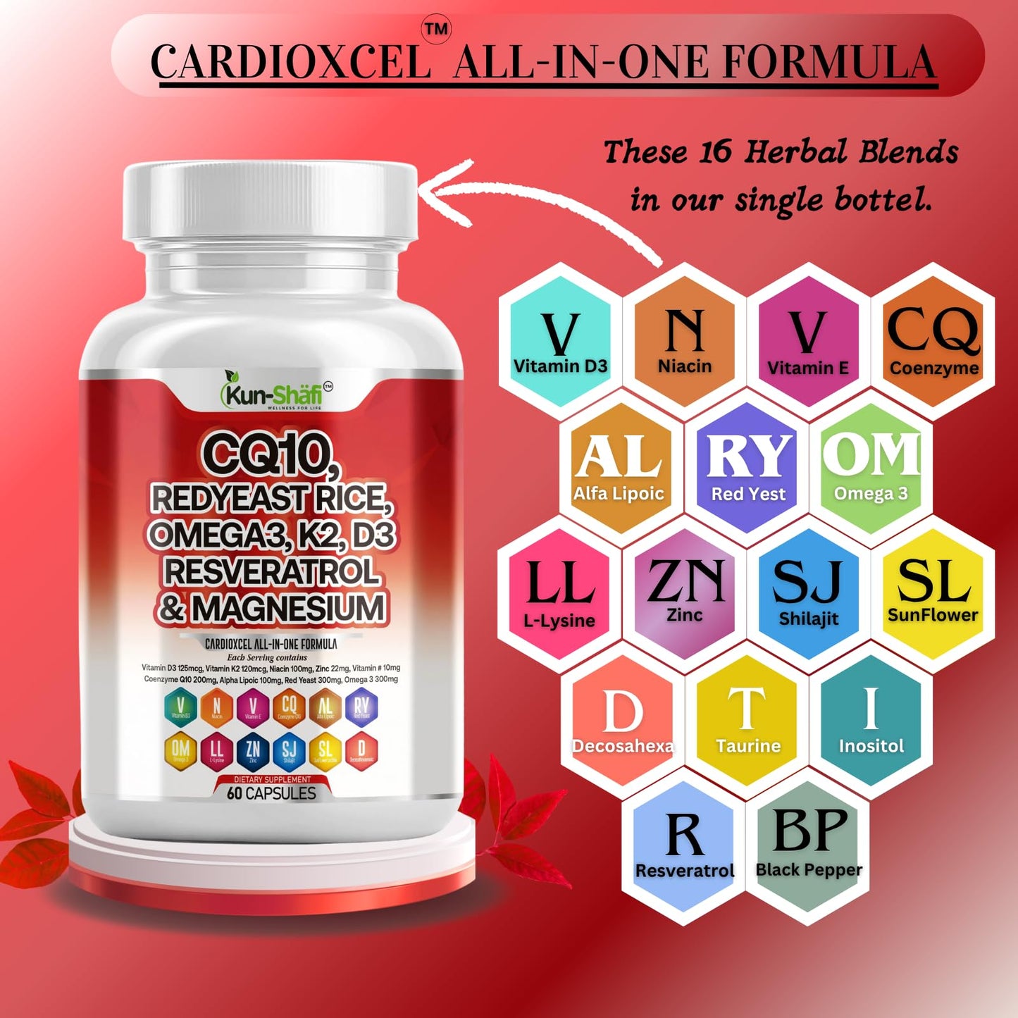Kun Shafi COQ10 250mg, Red Yeast Rice, Omega-3, PQQ, Nattokinase, Resveratrol & More – Heart & Cardiovascular Support Supplement, 60 Capsules