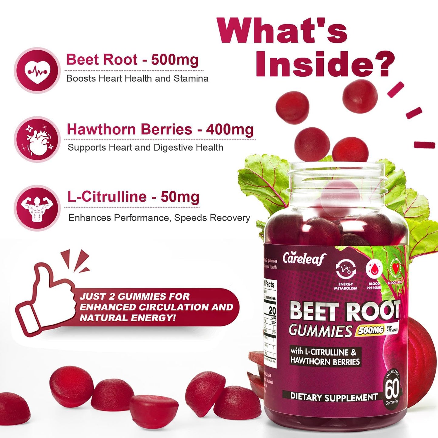 careleaf Sugar-Free Vegan Beet Root Gummies with L-Citrulline & Hawthorn Extract – Nitric Oxide Support – Peach Flavor, 60 Count
