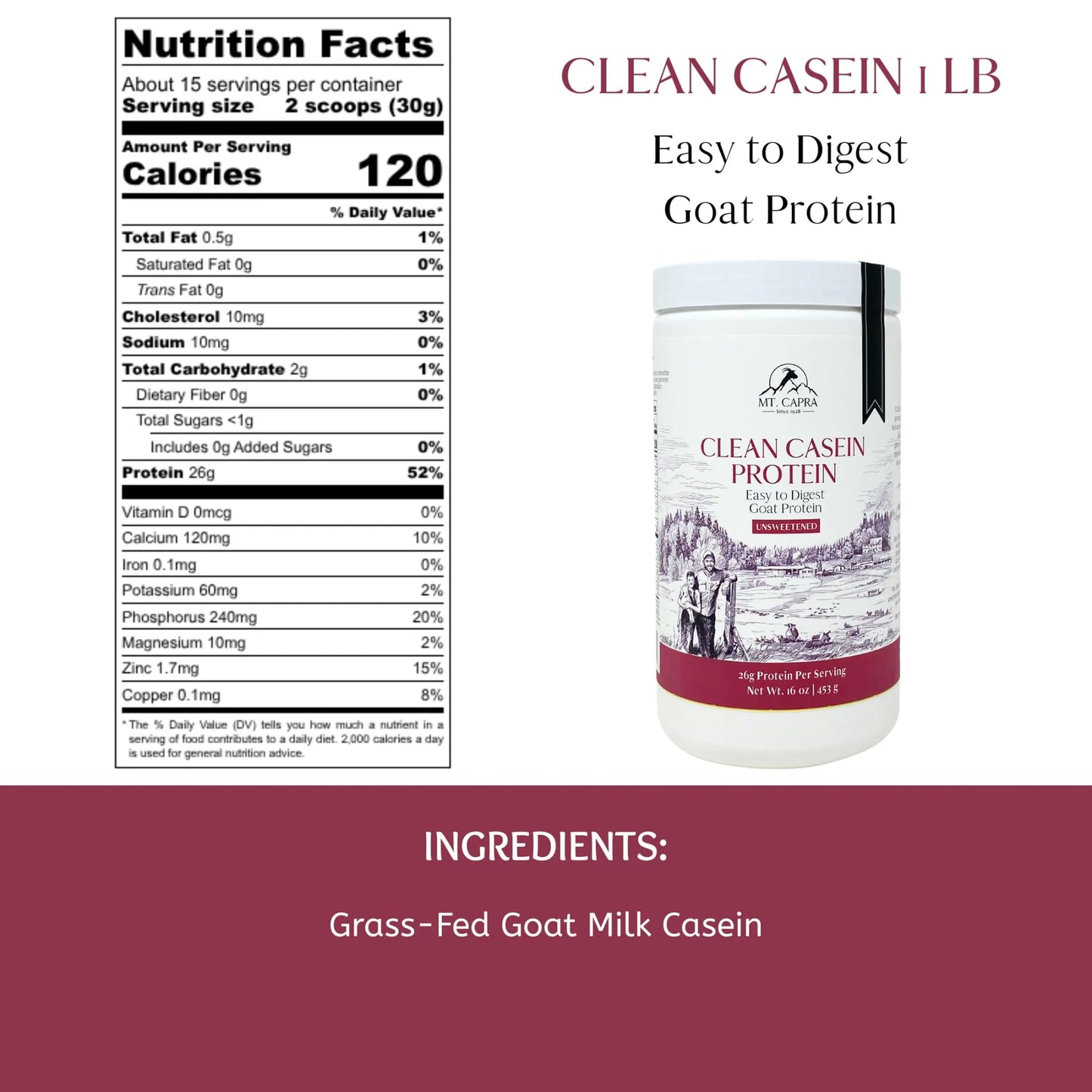 Mt. Capra Clean Casein Protein Goat Casein Protein Powder, Unsweetened, 16 oz
