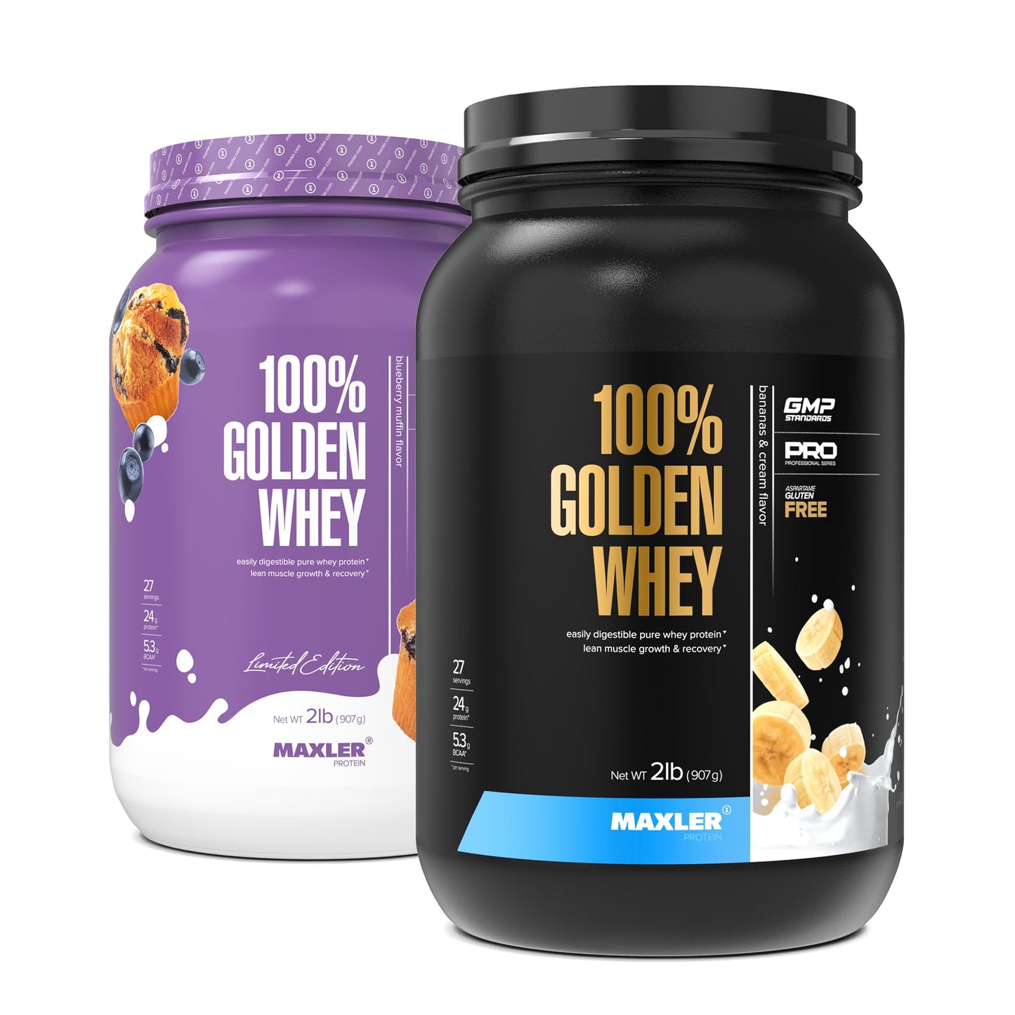 Maxler 100% Golden Whey Protein Powder Blueberry Muffin and Bananas & Cream Bundle, 64