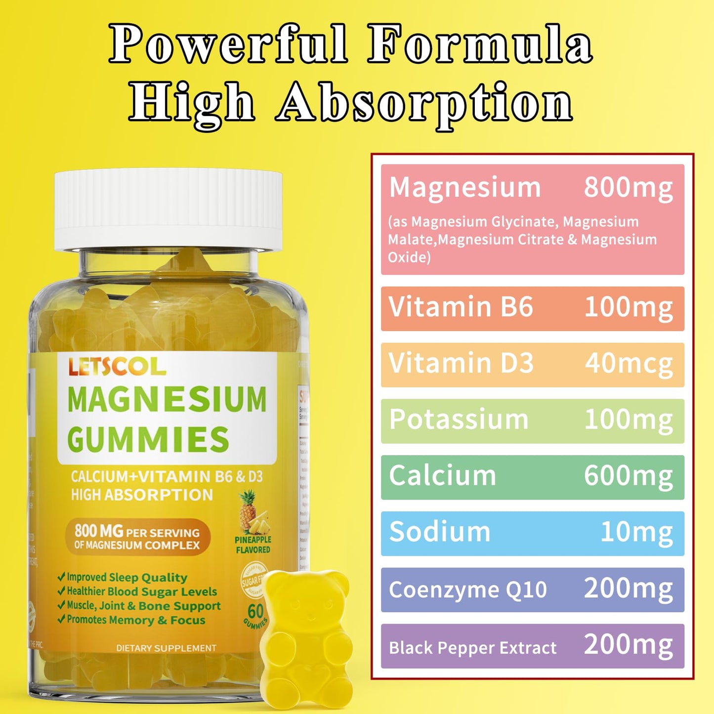 LETSCOL Magnesium Glycinate Gummies 60 Count