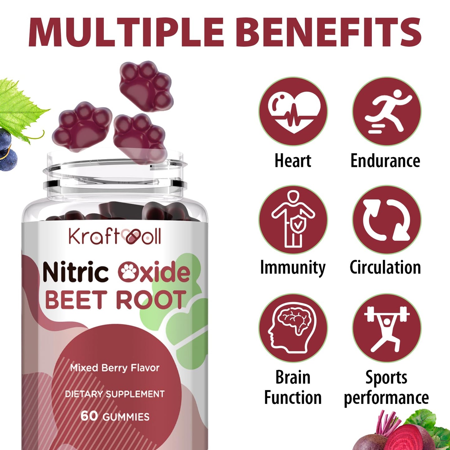 Kraftvoll Beet Root Gummies 6000mg Nitric Oxide Booster, 60 Gummies