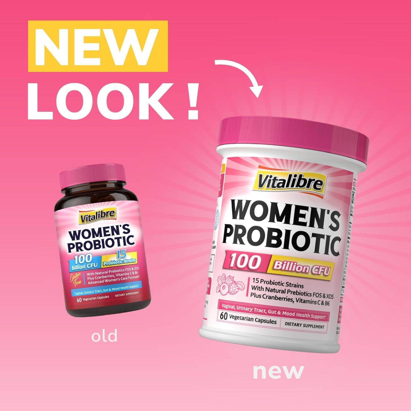Vitalibre Probiotics for Women 100 Billion CFU 15 Strains, DailyProbiotic & Prebiotic Supplement with Organic Cranberry to Support Vaginal, Digestive, Immune Health, Shelf Stable, 60 Capsules