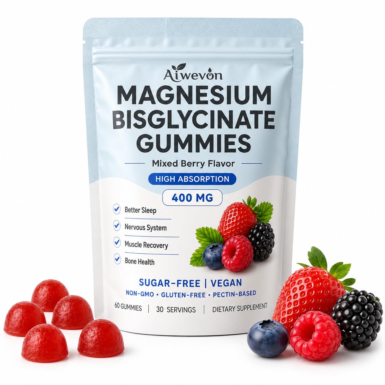 Aiwevon Magnesium Bisglycinate Gummies 400mg, 60 Count
