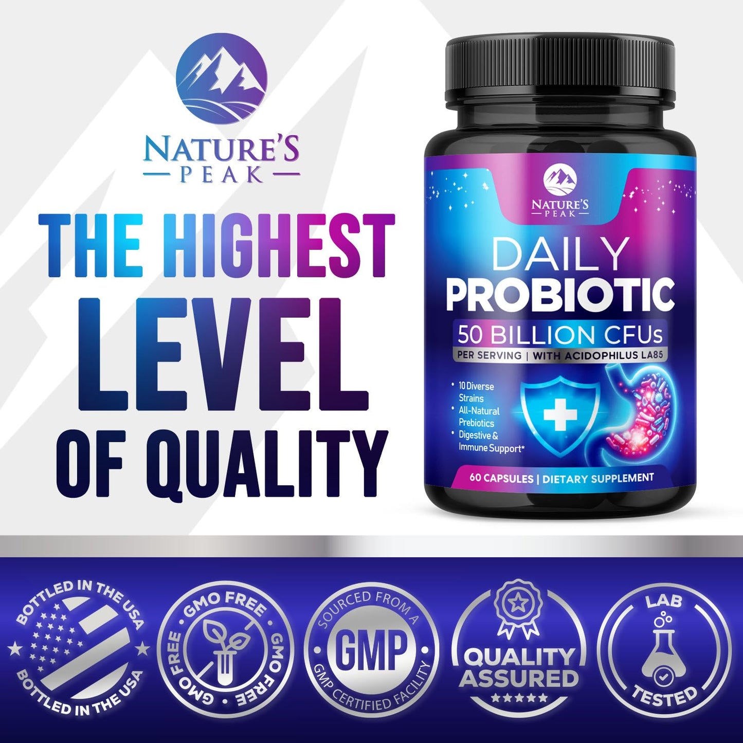 Nature's Peak Probiotics 50 Billion CFU Per Capsule, 10 Premium Strains + Digestive Enzymes & Prebiotics, Supports Immune & Gut Health, 60 Capsules