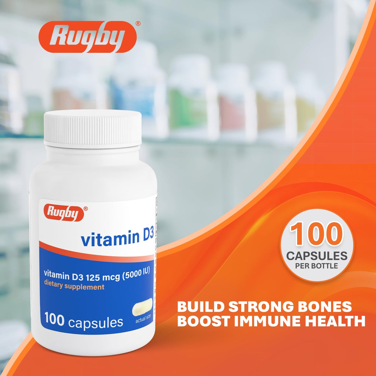 Rugby Laboratories Vitamin D3 5,000 IU (125 mcg) Vitamin D Dietary Supplement for Bone, Teeth, and Immune Health Capsule, 100 Count