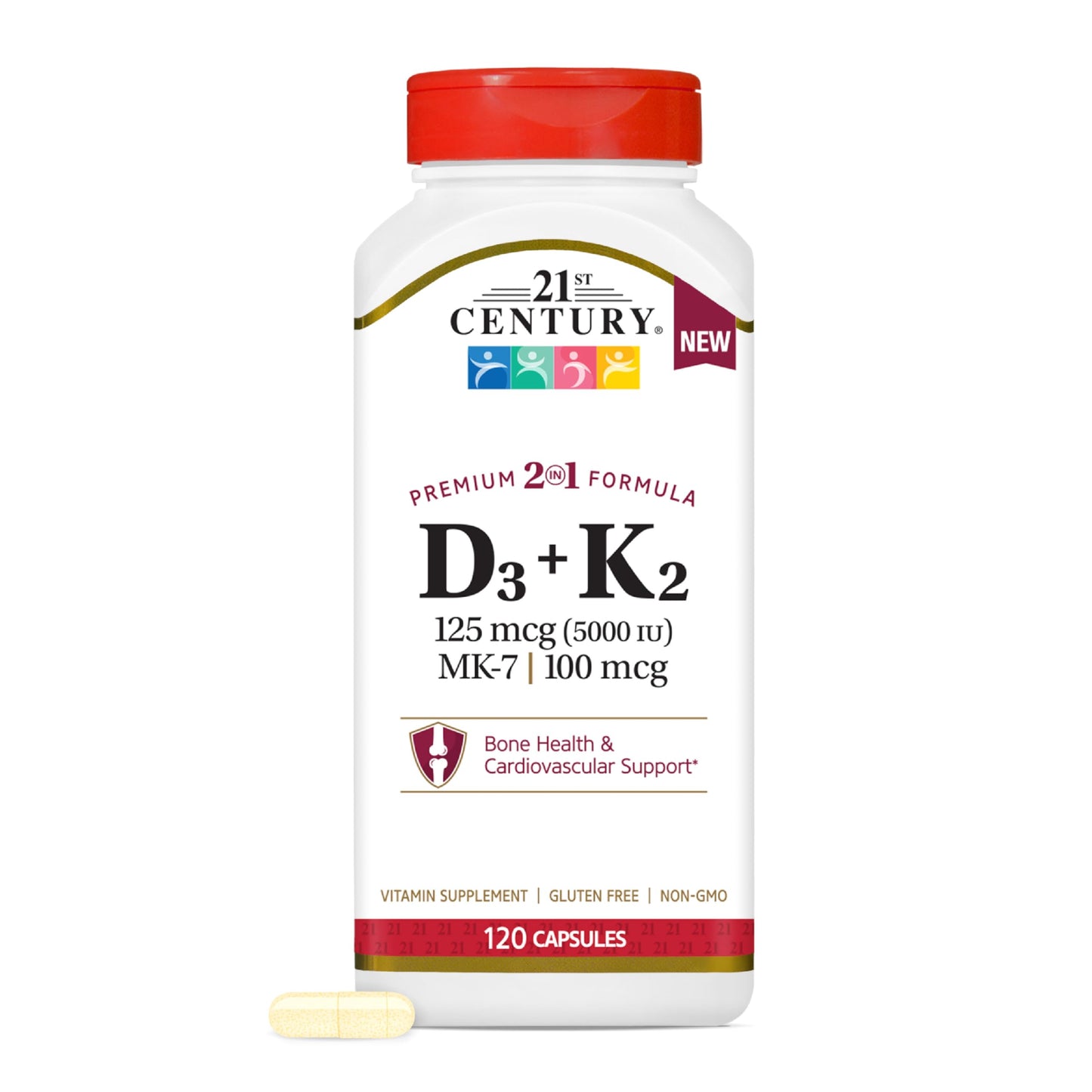 21st Century Vitamin D3 125 mcg (5000 IU) + K2 100 mcg Capsules, 120 Count