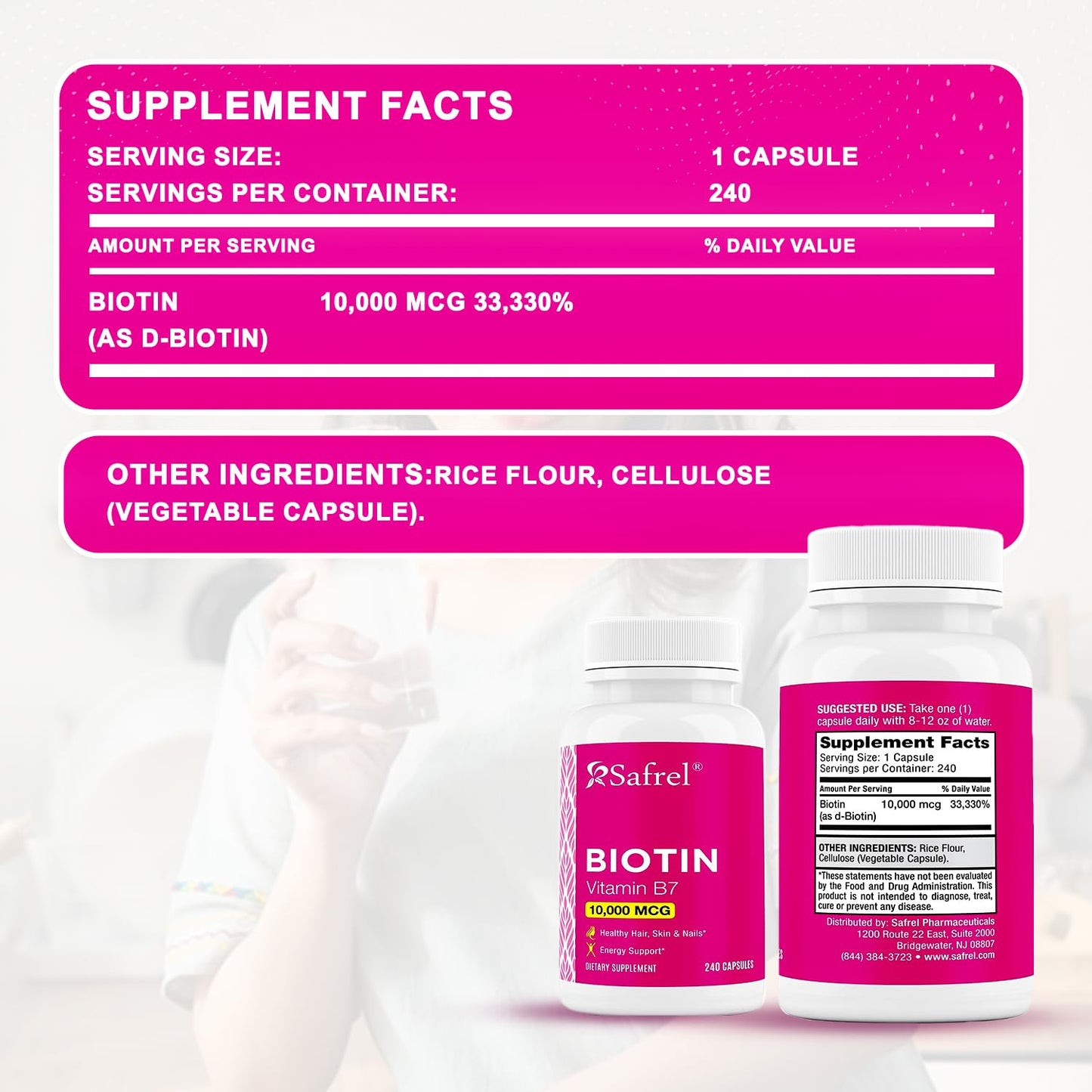 Safrel Biotin (Vitamin B7) 10,000mcg (10mg) Vitamin Supplement, 240 Capsules