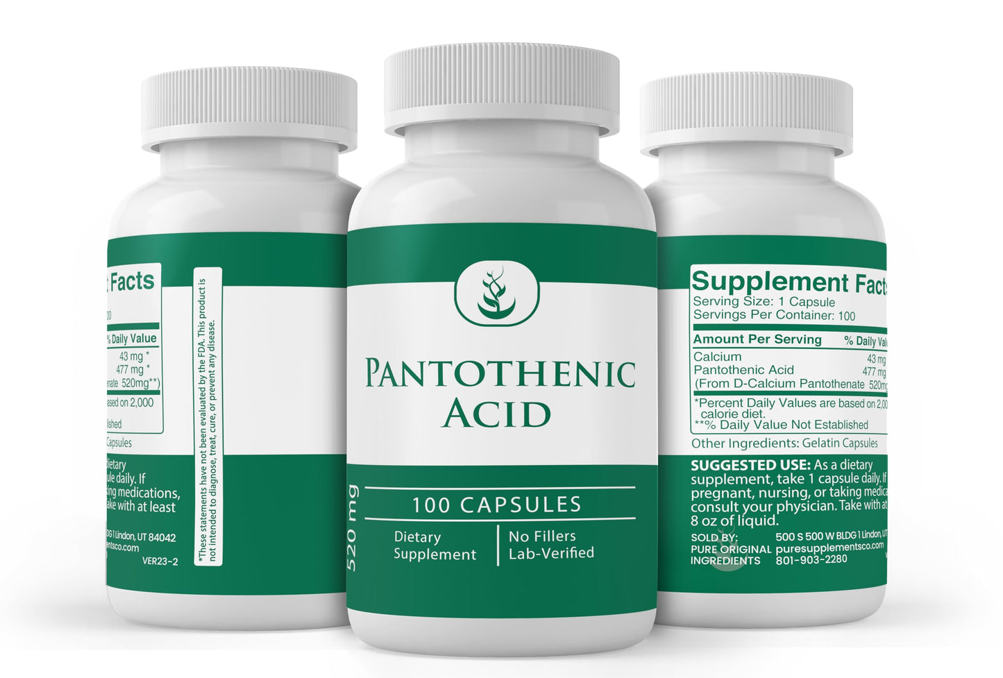 Pure Original Ingredients Pantothenic Acid Vitamin B5 Capsule 100-Count