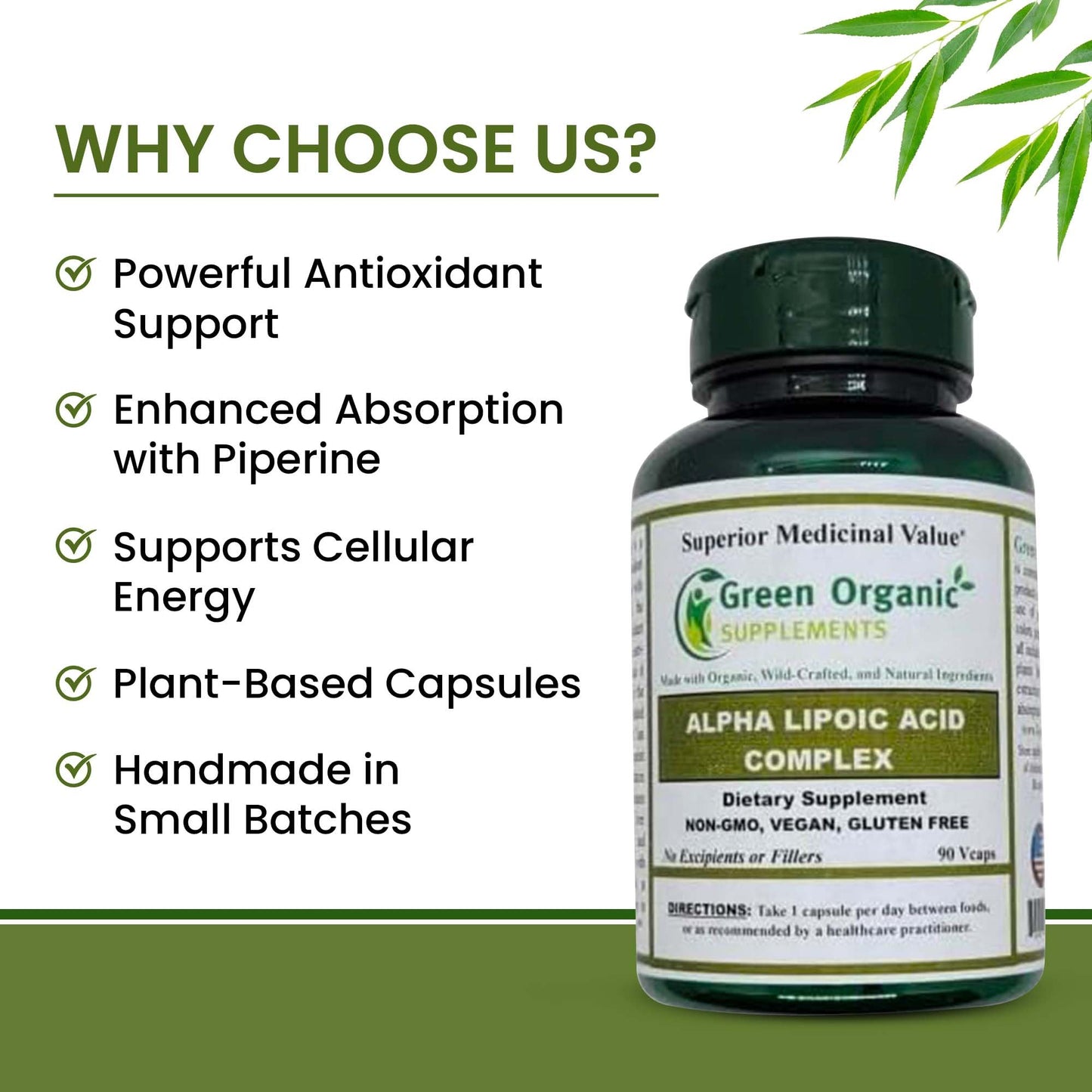 Green Organic Supplements Alpha Lipoic Acid Complex, ALA Capsules, 90 Count
