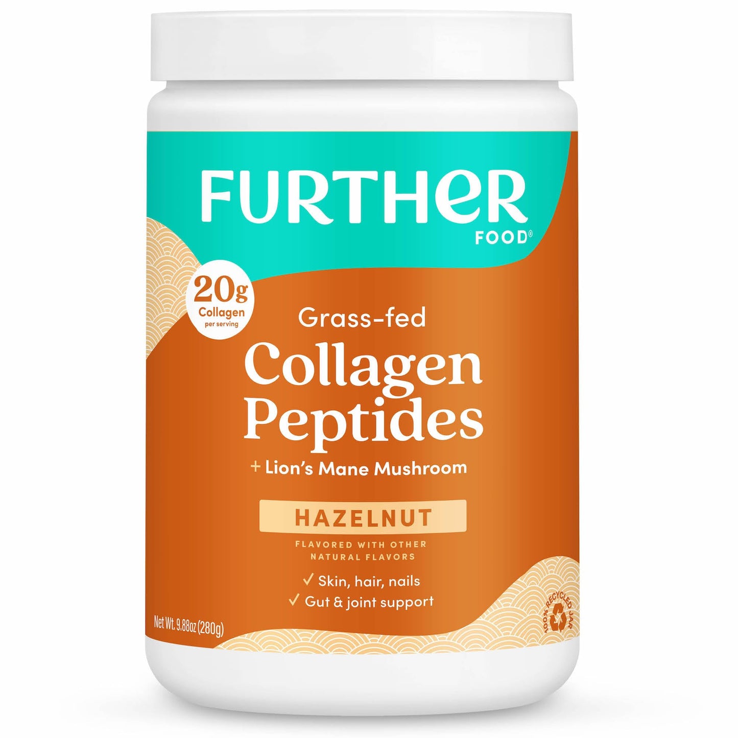 Further Food Hazelnut Collagen Peptides Powder with Lion’s Mane Mushroom, Grass-Fed Hydrolyzed Type 1 & 3 Protein, Gut Health + Joint, Hair, Skin, Nails, Paleo Keto Sugar-Free, 9.88 oz
