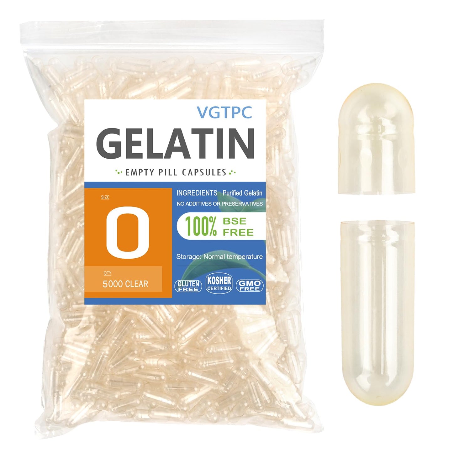 VGTPC Size 0 Pure Gelatin Empty Capsules 5000 Count