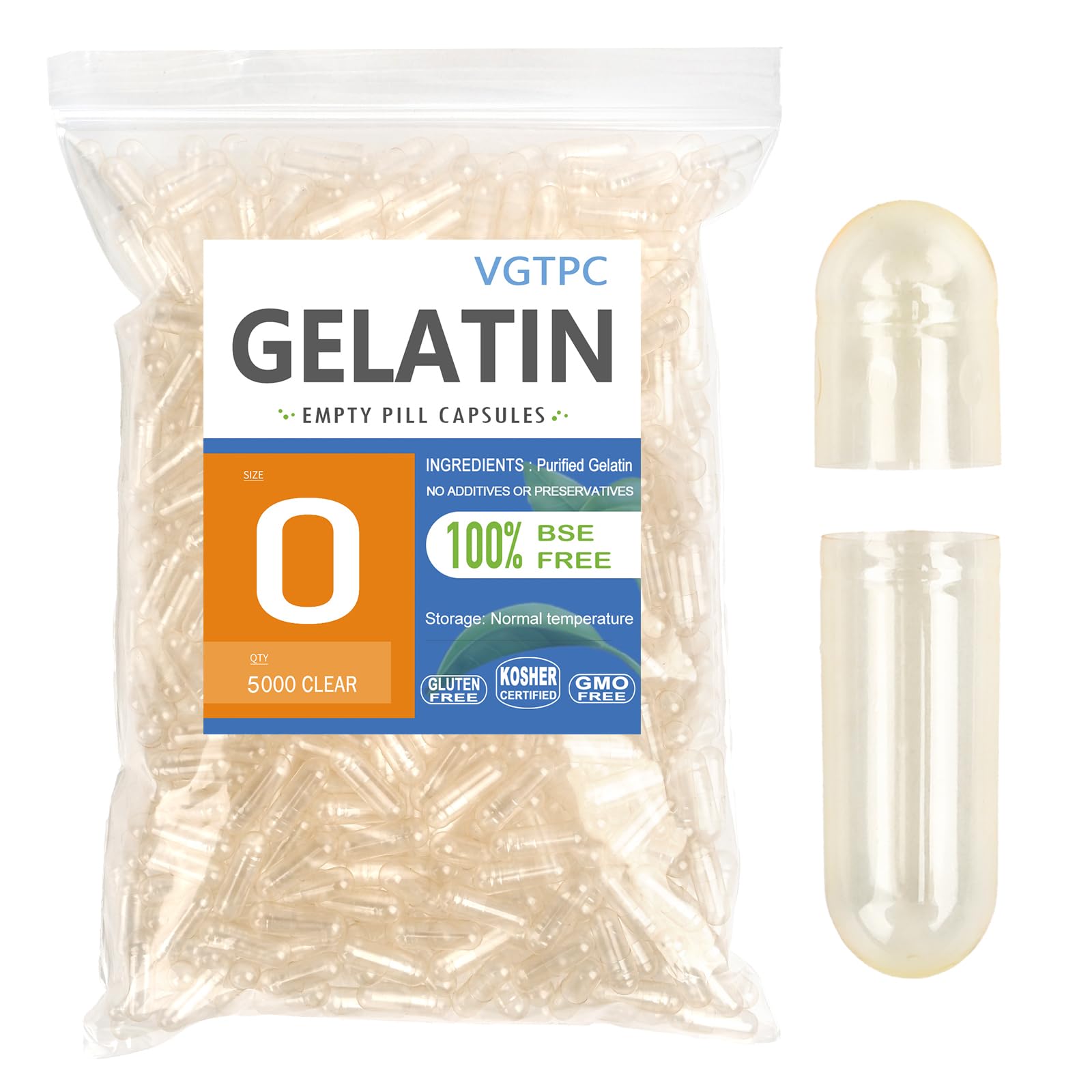 VGTPC Size 0 Pure Gelatin Empty Capsules 5000 Count