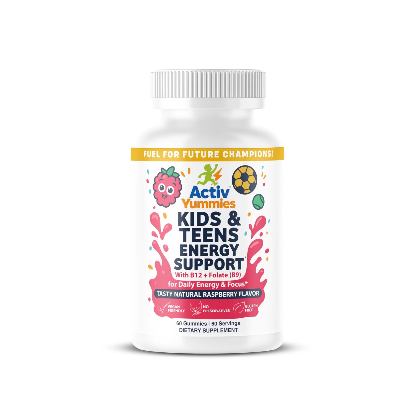 ActivYummies Kids & Teens Energy Support with Vitamin B12 + Folate (B9) - Supports Energy Production, Brain Function & Metabolism - Gummy, 60 Count