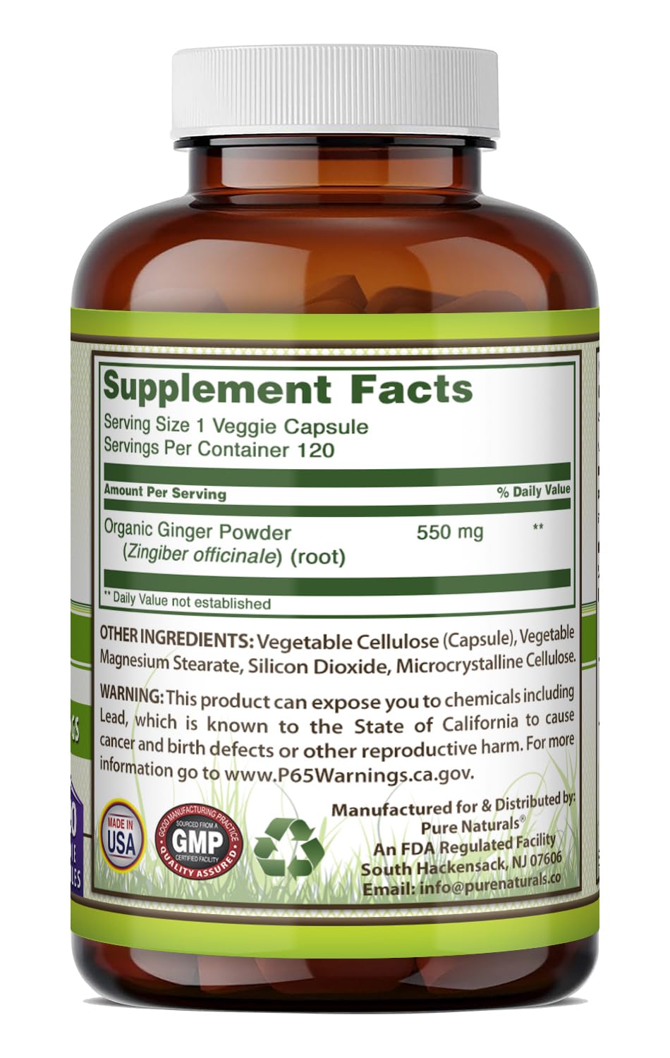 Pure Naturals Ginger Root Supplement 550mg Capsules, 120 Count
