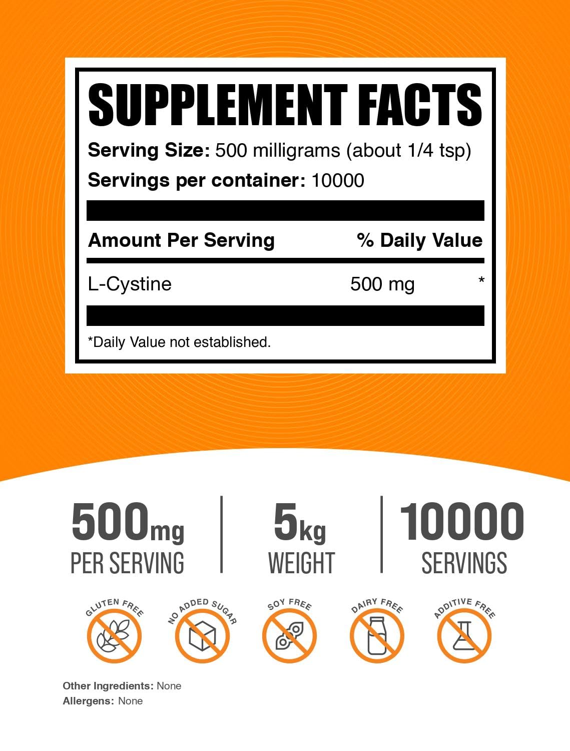 BulkSupplements L-Cystine Powder 500mg per Serving, Pack of 5, 5kg