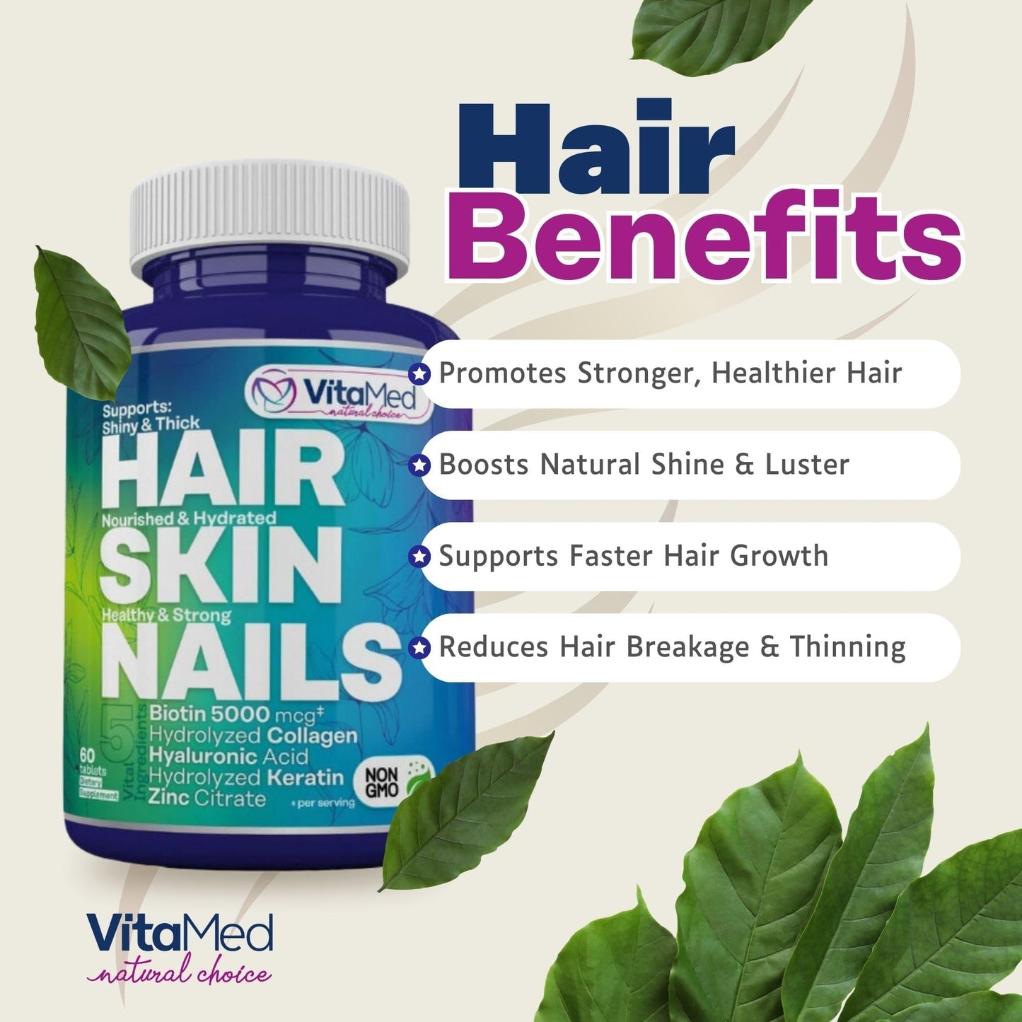 VitaMed Hair, Skin & Nails Biotin 5000 mcg, Collagen, OptiMSM, Keratin, Hyaluronic Acid & Silica 180 Tablets
