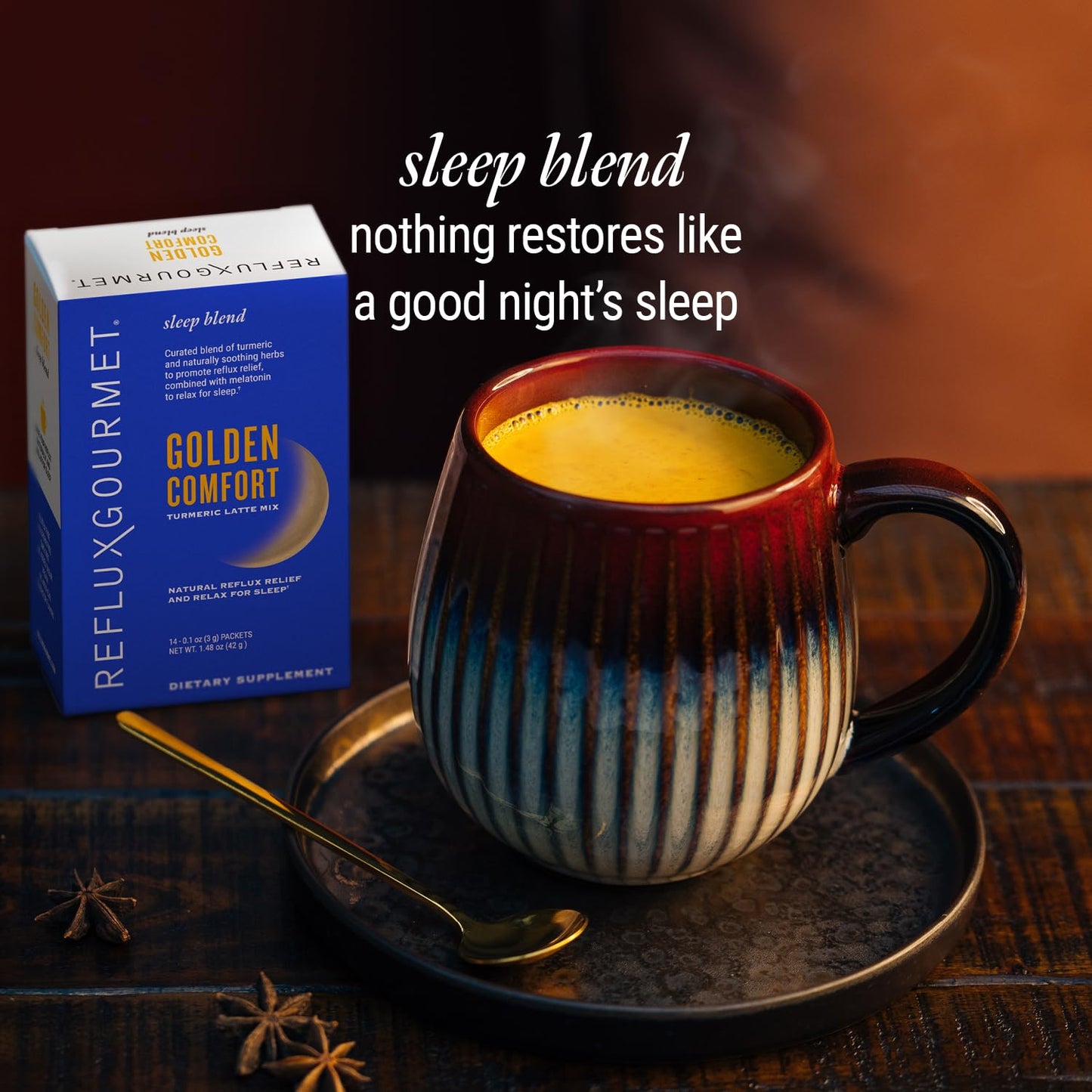 REFLUX GOURMET Golden Comfort Sleep Blend – Turmeric Latte with Melatonin, GABA, L-Theanine & Black Pepper Extract, Powder, 1.48 oz