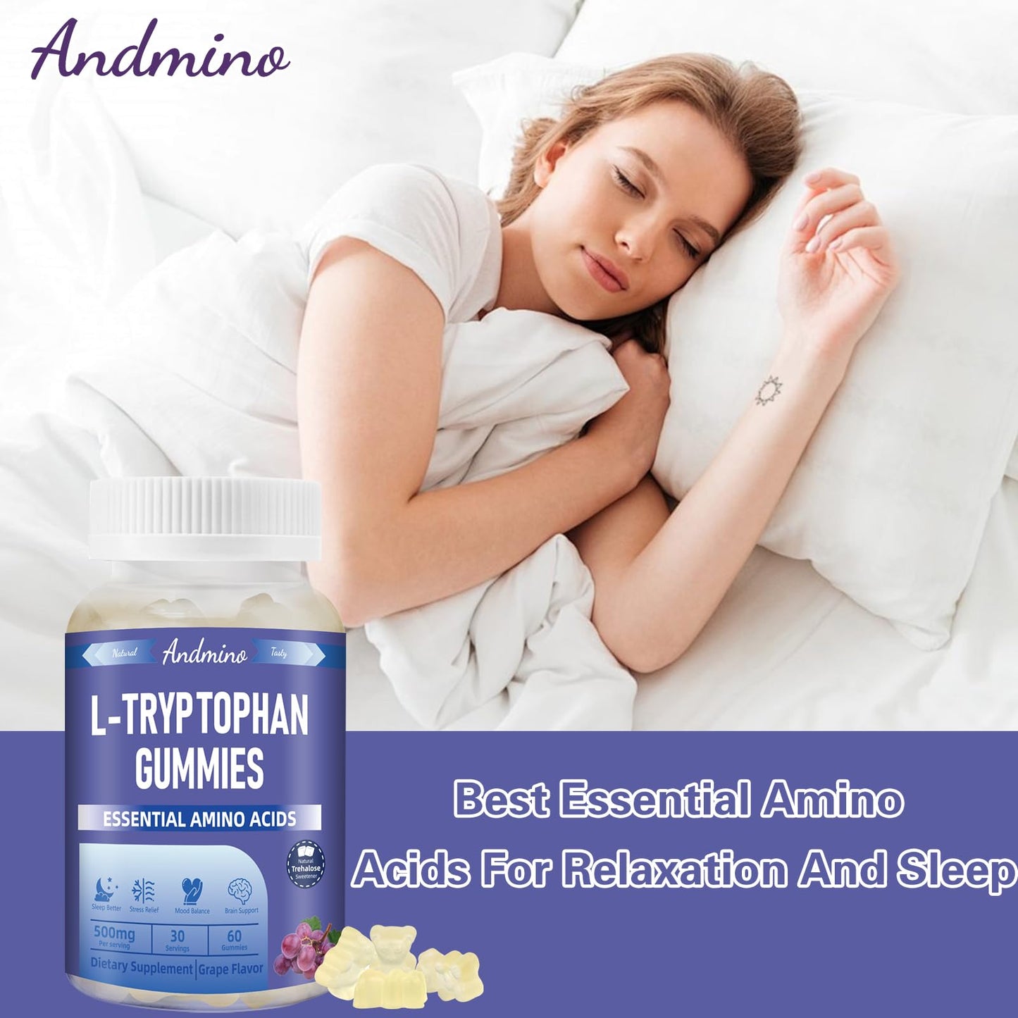 andmino L-Tryptophan Gummies 500mg with Trehalose, 60 Gummies
