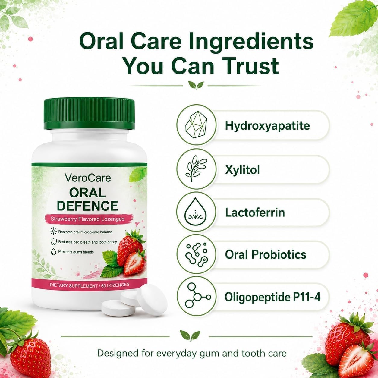 VeroCare Oral Defense Lozenges with Oral Probiotics, Hydroxyapatite, Xylitol & Lactoferrin, Alcohol-Free for Fresh Breath, Gum & Tooth Care, 60 Tablets