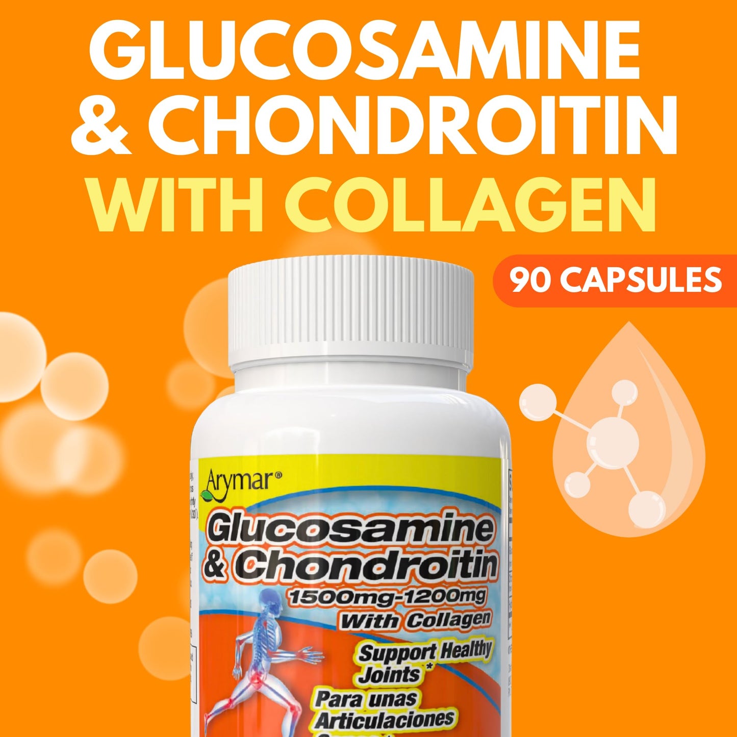 Arymar Glucosamine 1500 mg and Chondroitin 1200 mg with Collagen Joint Health Supplement 90 Capsules